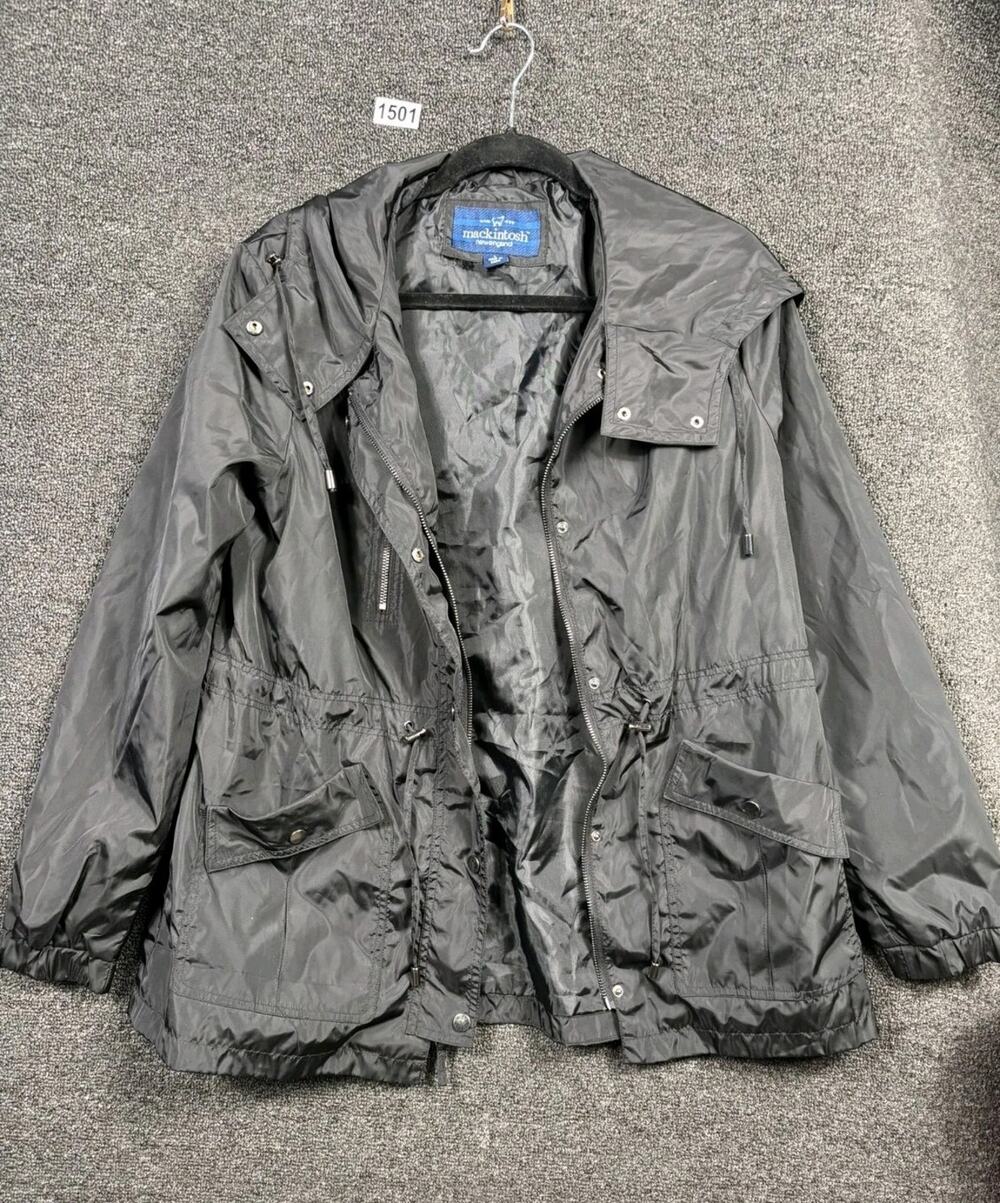 VTG Mackintosh New England Raincoat Jacket Hoodie Mens Size L Black Snap & Zip